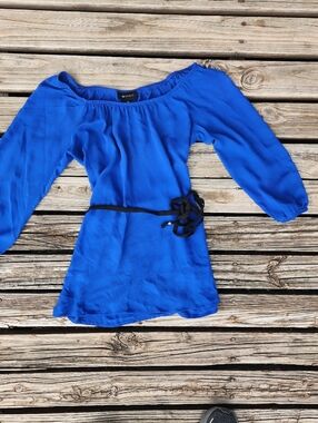 AB Studio Royal Blue Black Chiffon Sheer Off Shoulder XS Top 3/4 Sleeve